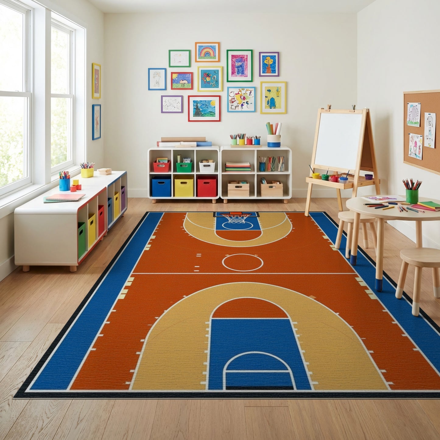 Blue and Orange Basketball Court Rug