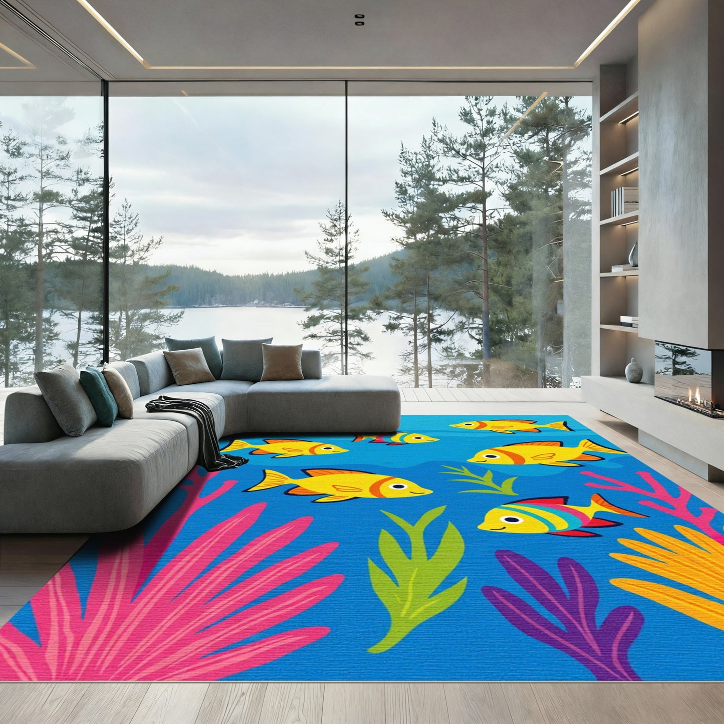 Colorful Schooling Fish Coral Reef Rug