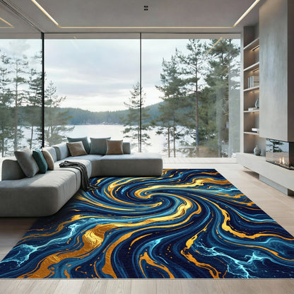 Swirling Navy Blue and Gold Marble Rug