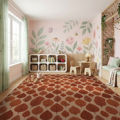Warm Rust Beige Leaves Pattern Rug