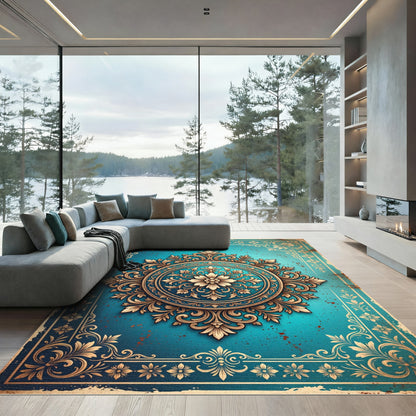 Elaborate Teal Golden Scrollwork Bloom Rug