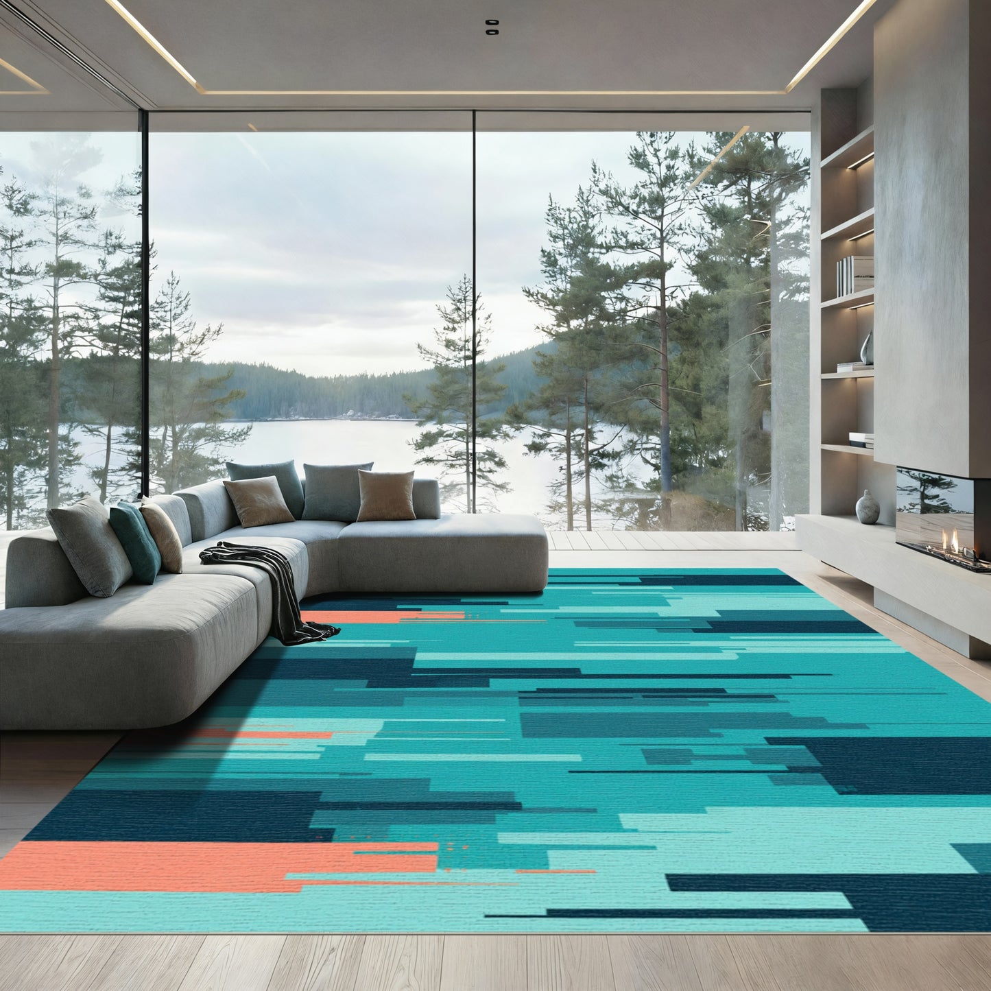 Teal Coral Glitch Stripe Abstract Rug