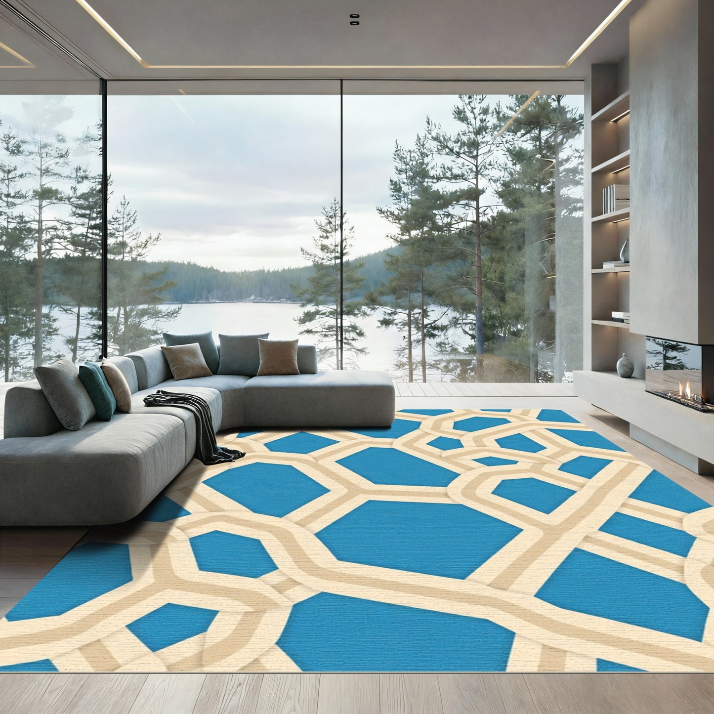 Blue Tan Interlocking Geometric Lines Rug