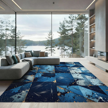 Distressed Blue Geometric Splatter Composition Rug