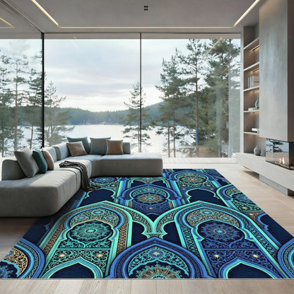 Intricate Teal Blue Arch Palace Mosaic Rug