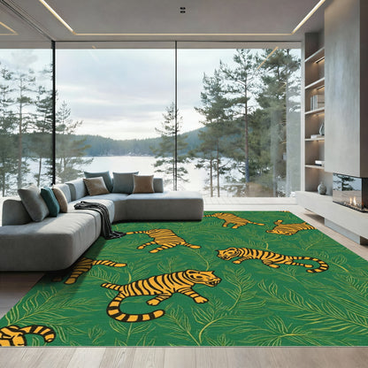 Bold Orange Tiger Jungle Green Rug