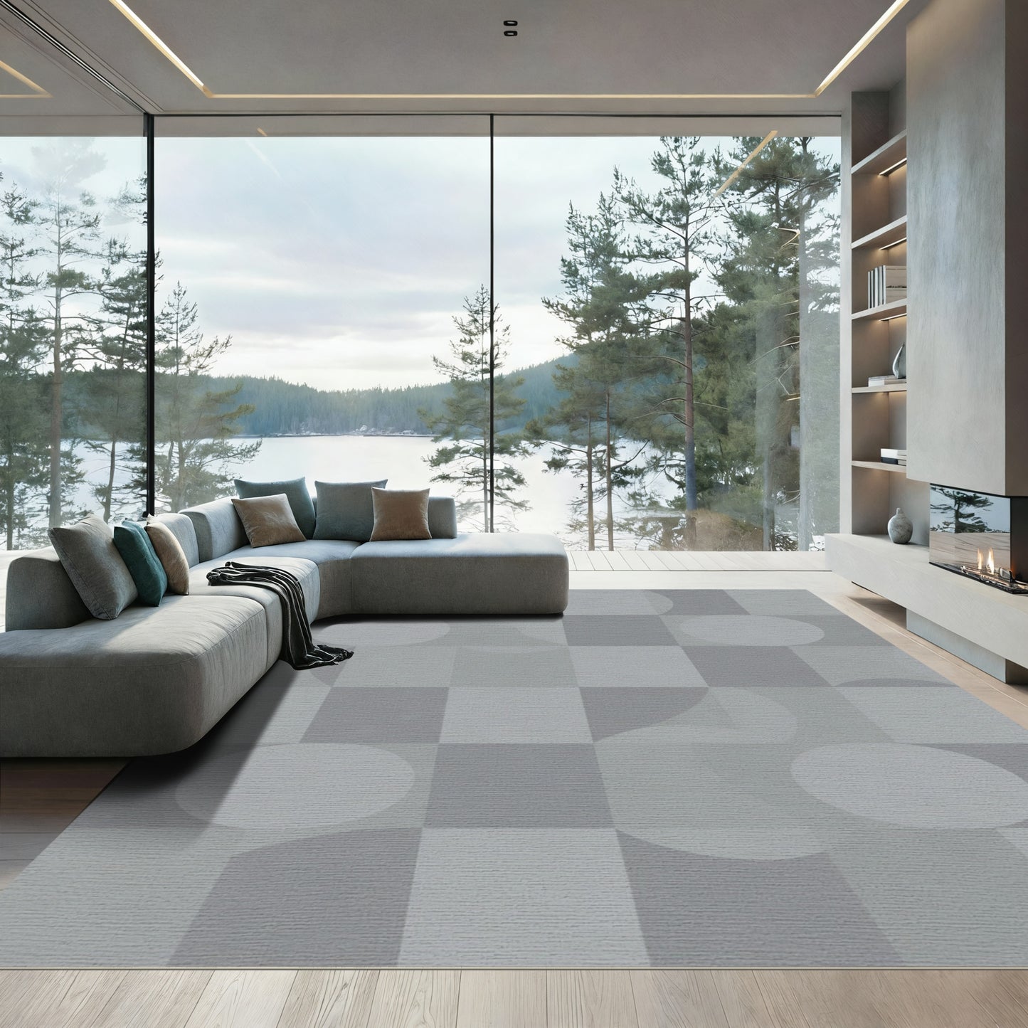Modern Gray Geometric Sphere Checkerboard Rug