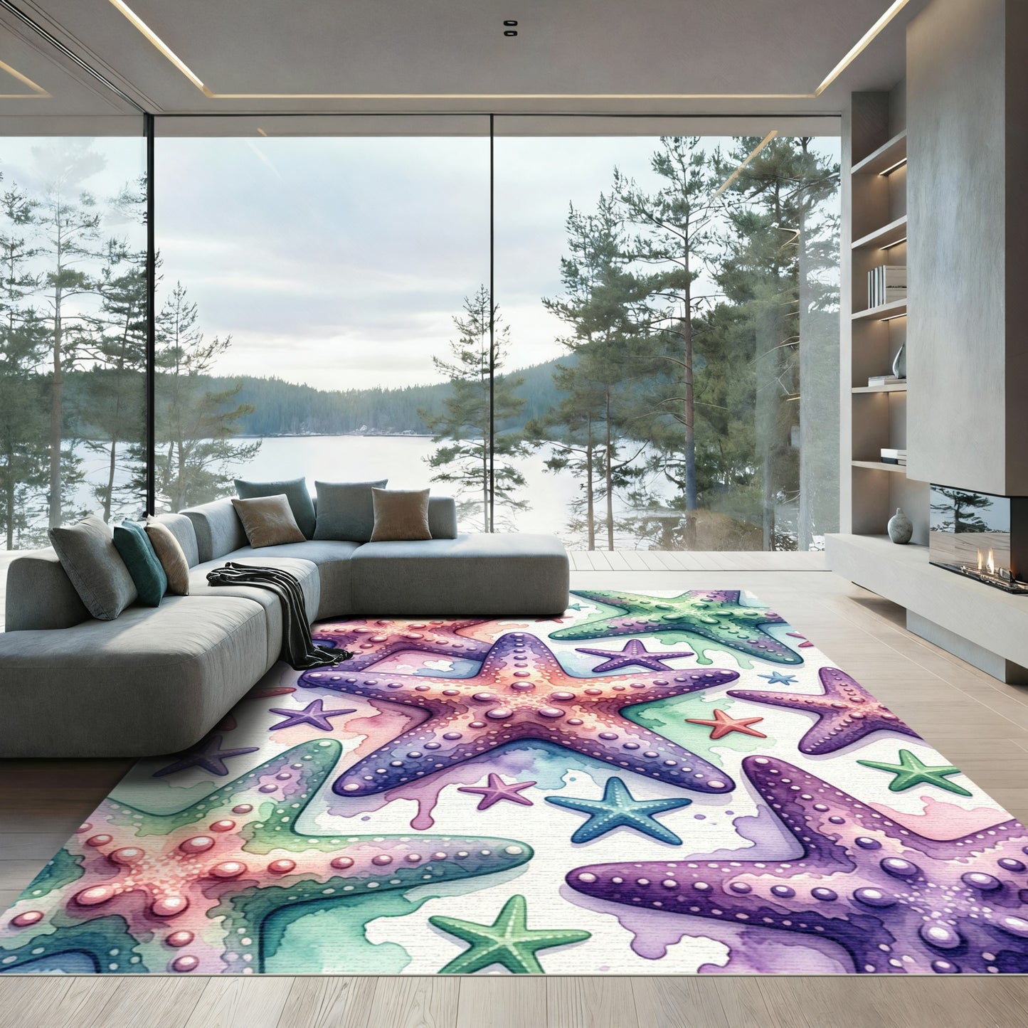Watercolor Starfish Shoreline Coastal Art Rug