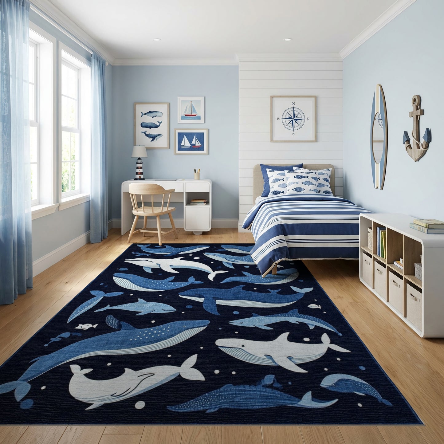 Whimsical Navy Whales and Fish Rug