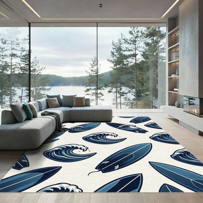 Coastal Navy Surfboard and Wave Art Rug