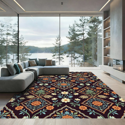 Elegant Dark Floral Diamond Damask Rug