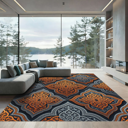 Ornate Amber and Slate Damask Medallion Rug