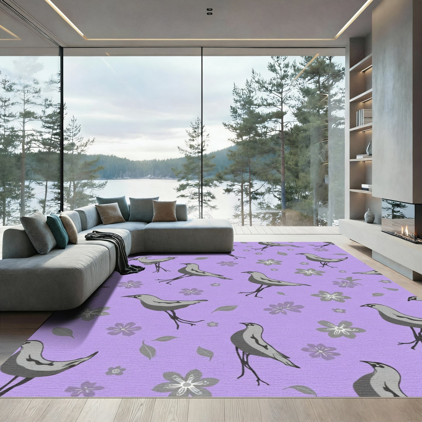 Whimsical Gray Birds Purple Garden Rug