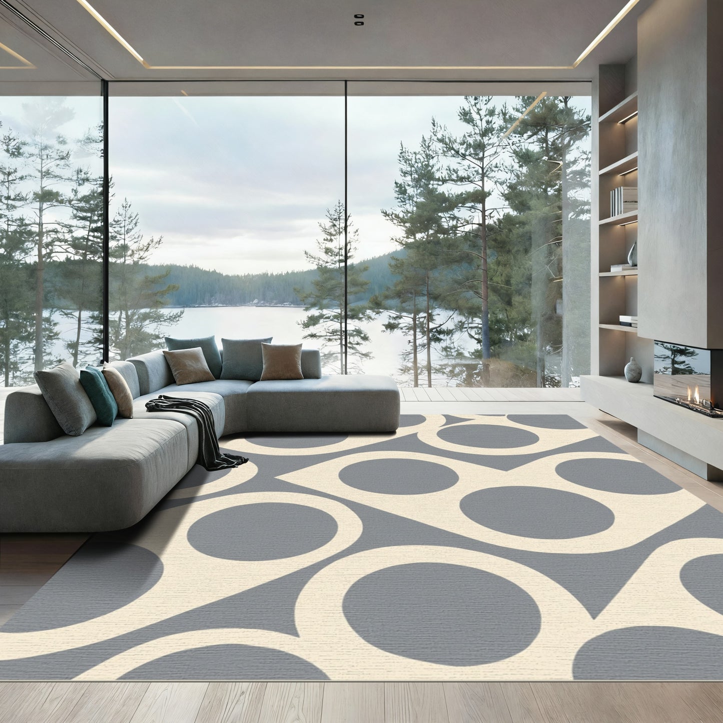 Gray Cream Wave Circle Composition Rug