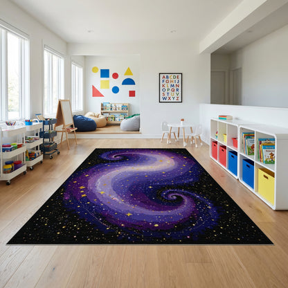 Cosmic Purple Gold Swirling Stars Rug