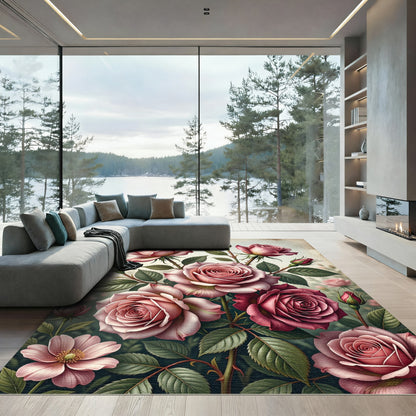 Elegant Pink Rose Botanical Garden Art Rug