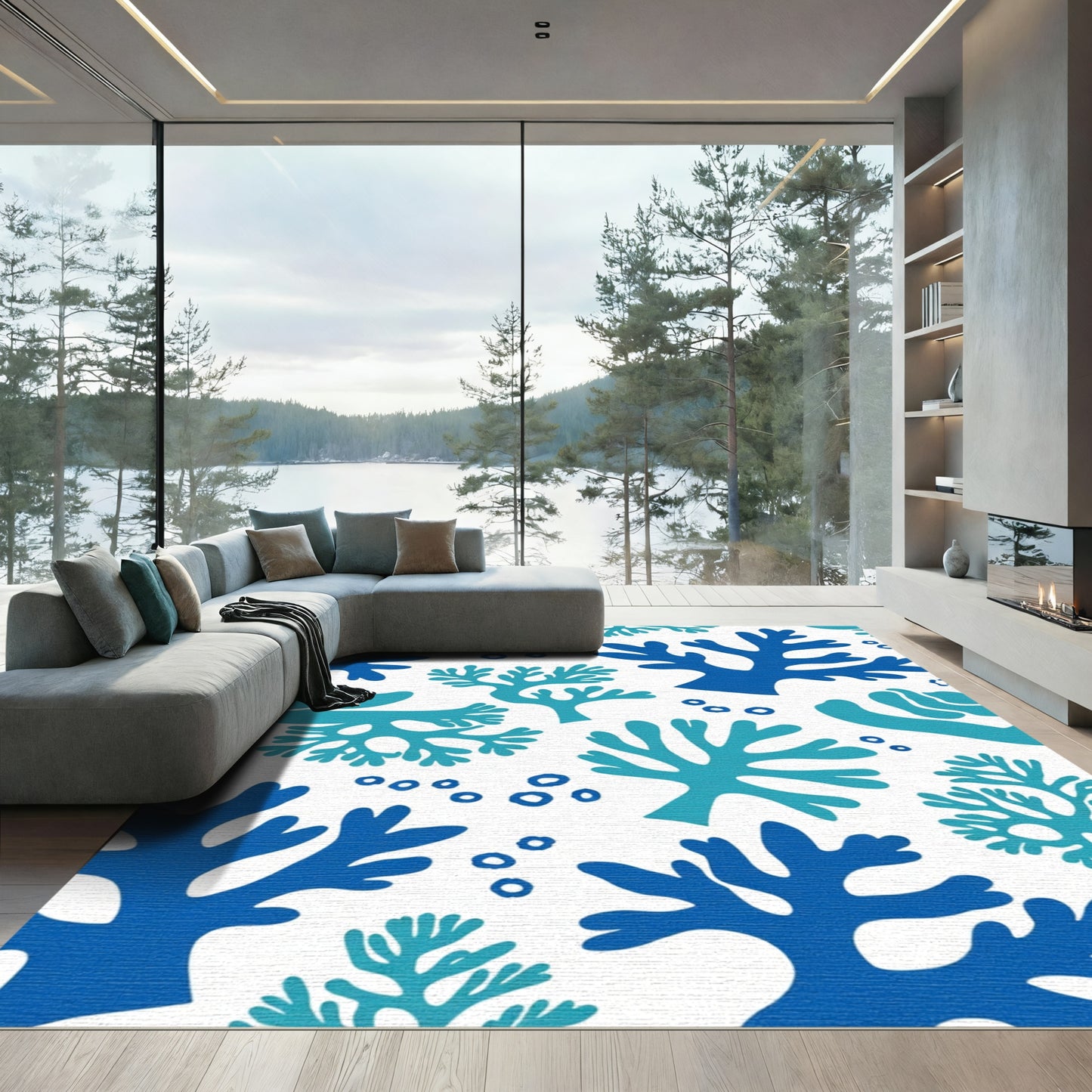 Vibrant Blue Coral Branch Cluster Rug