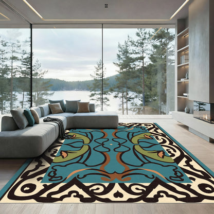 Teal Green Black Floral Medallion Rug