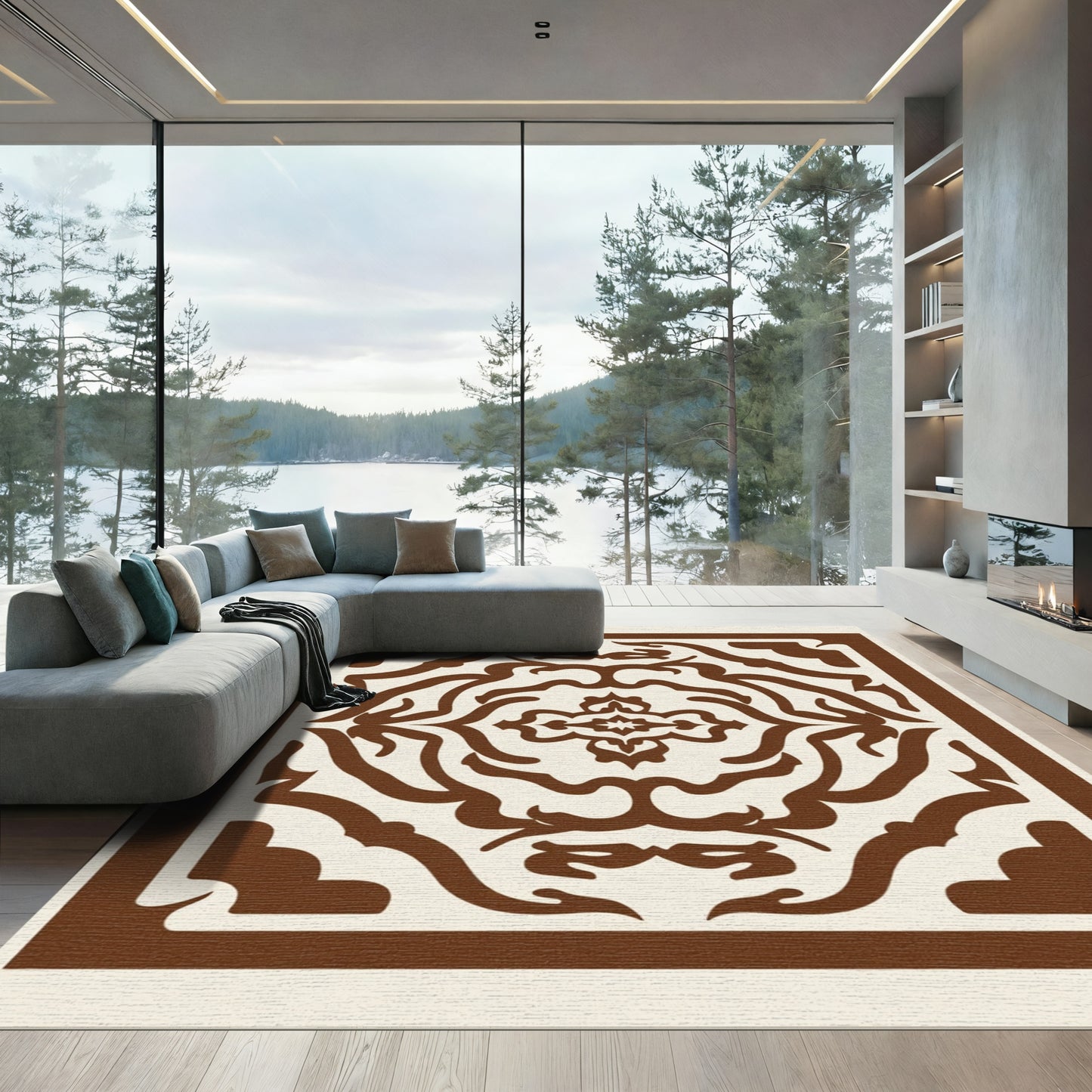 Brown Cream Ornate Medallion Frame Rug