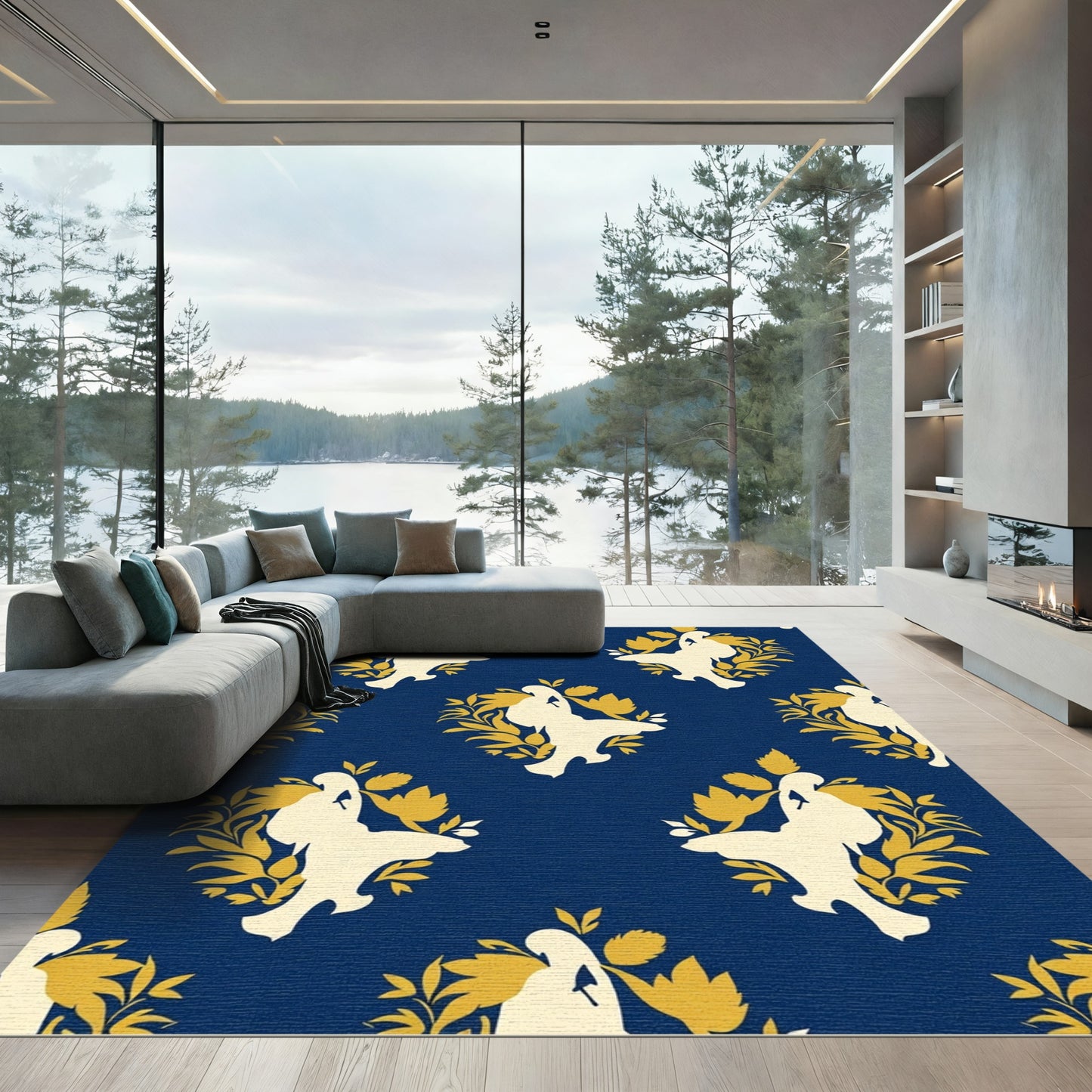 Navy Cream Floral Silhouette medallion Rug
