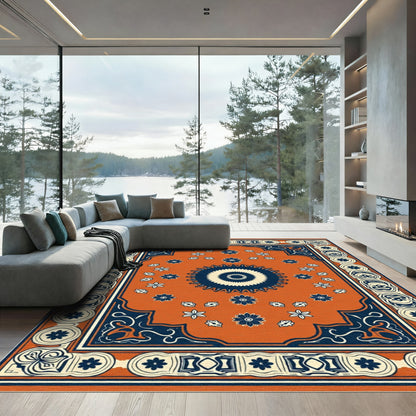 Orange and Navy Floral Medallion Rug