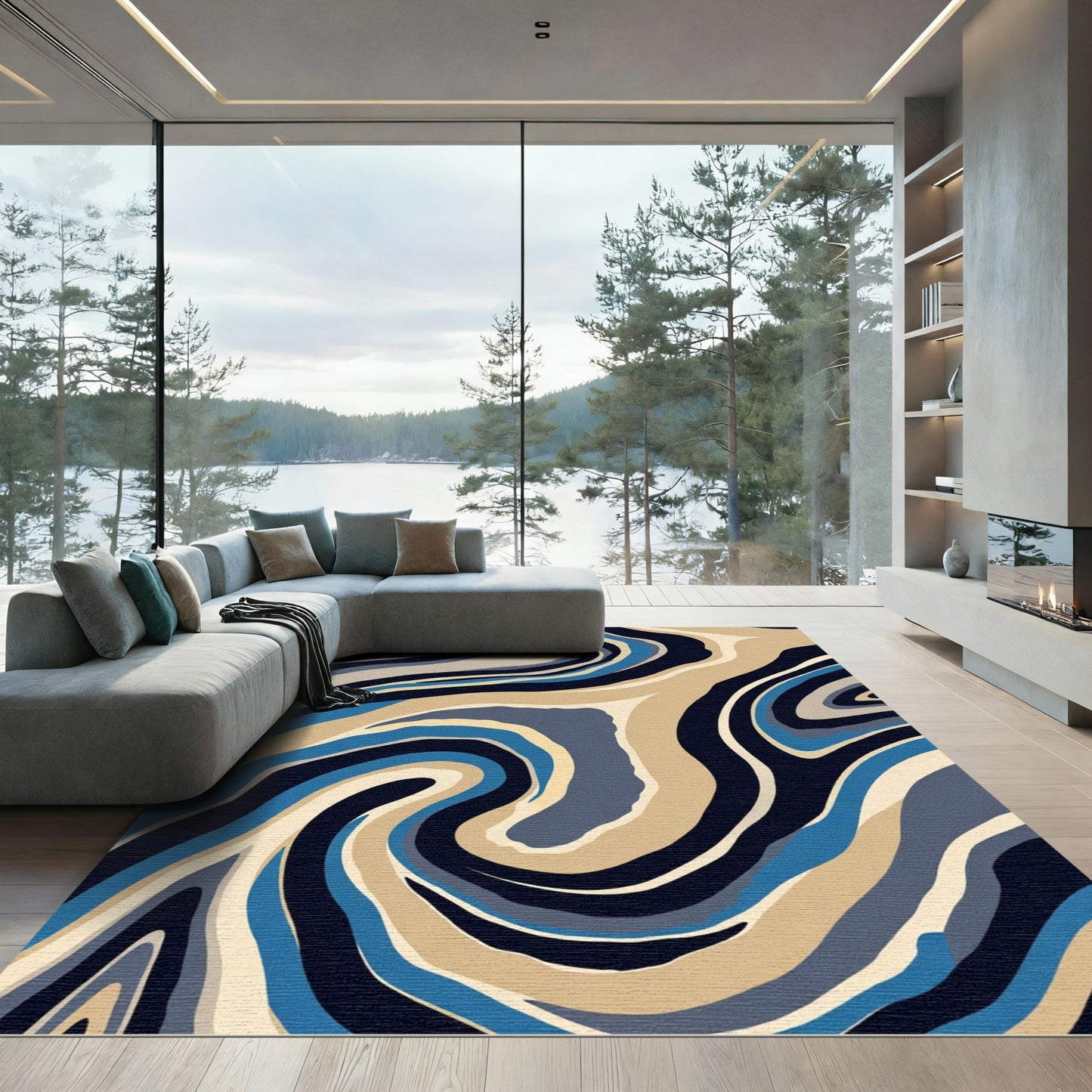 Deep Blue Neutral Swirl Agate Rug