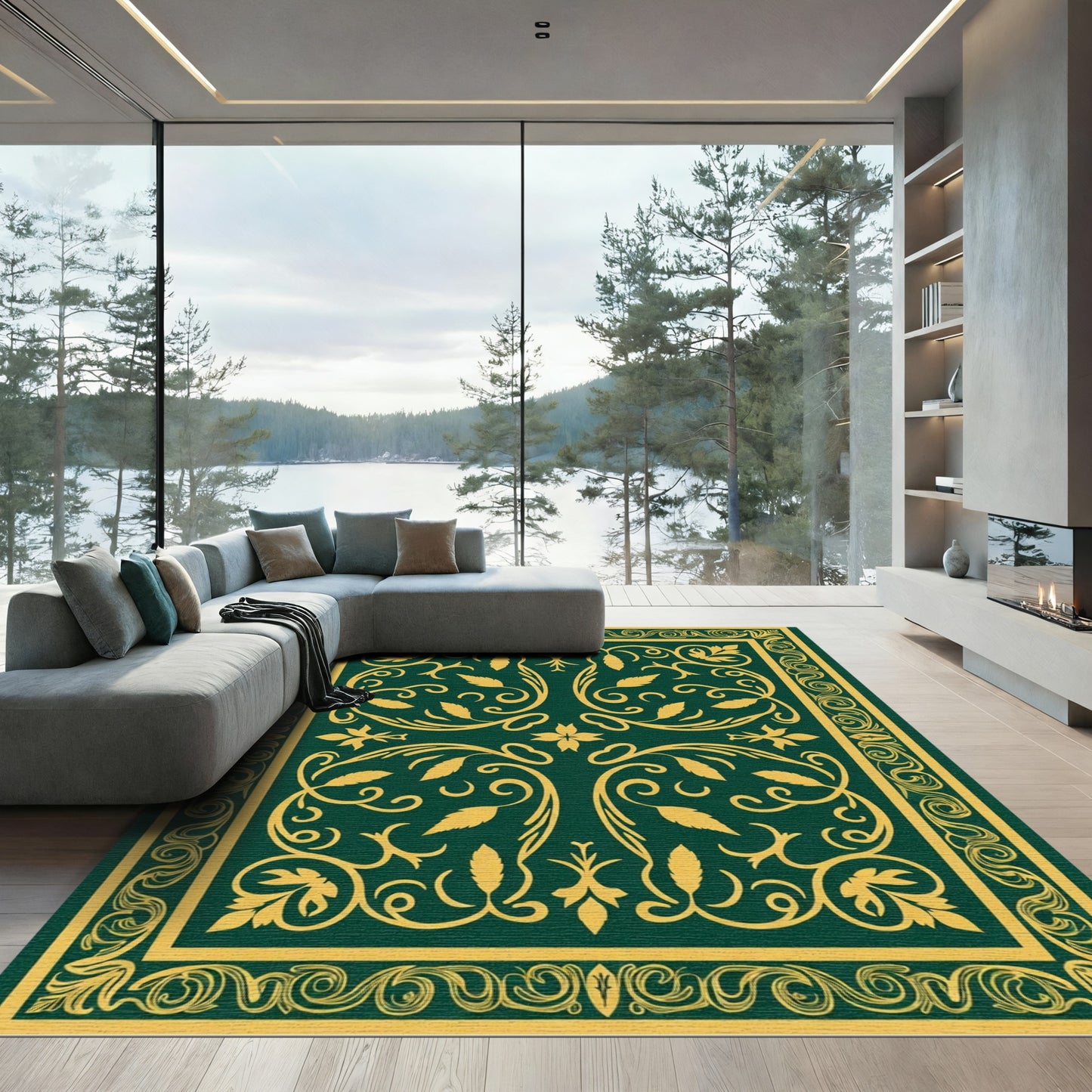 Deep Emerald Golden Flourish Vines Rug