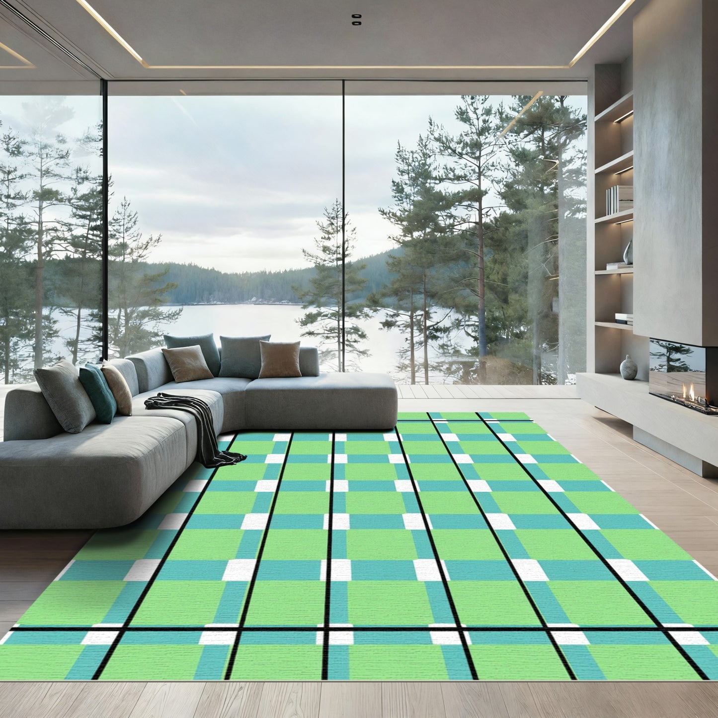 Green Teal Tartan Plaid Squares Rug