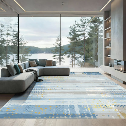 Distressed Blue Gold Abstract Stripes Rug