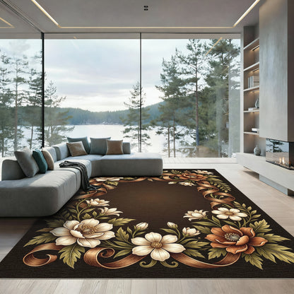 Elegant Sepia Floral Ribbon Frame Rug