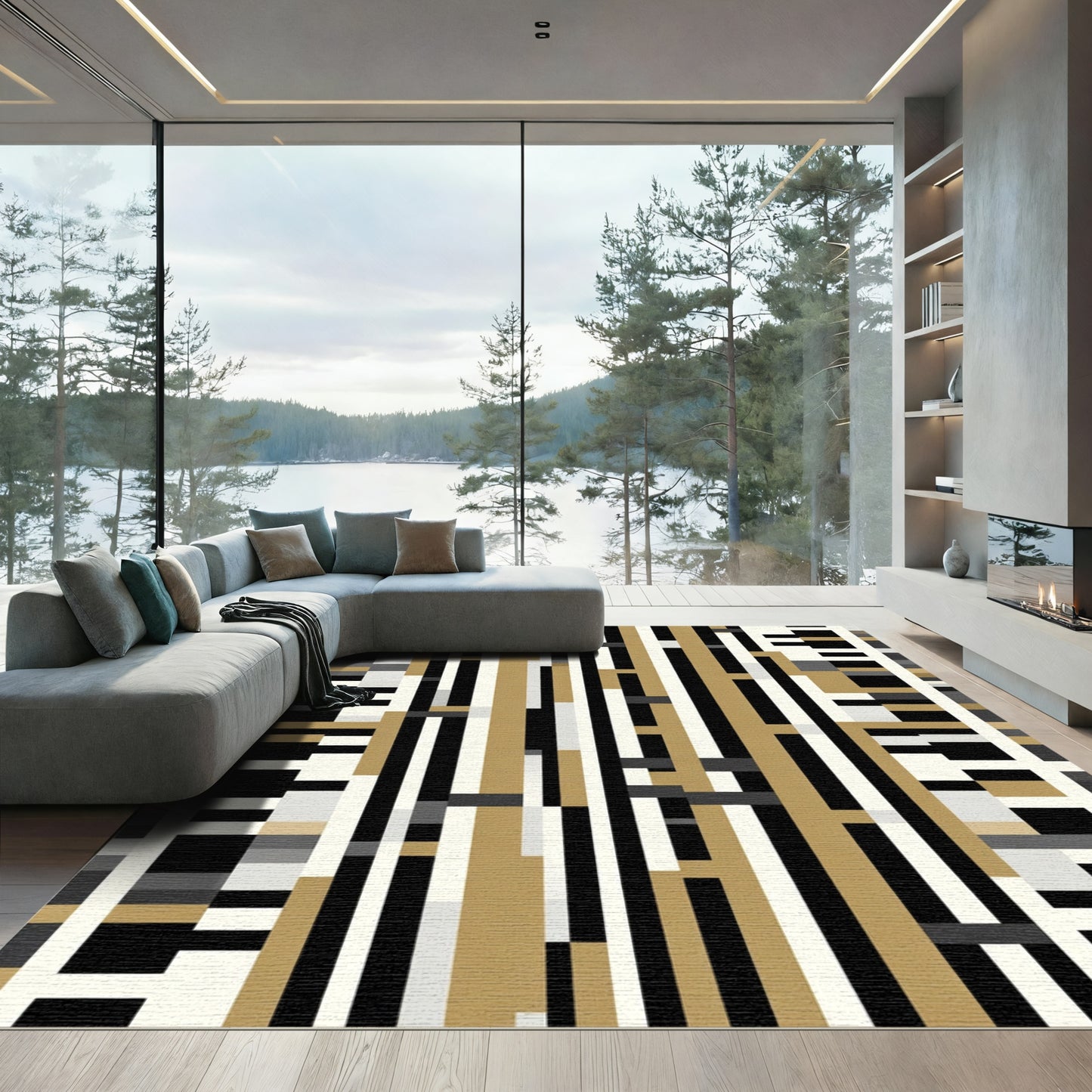 Modern Gold Black Striped Rectangles Rug