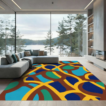 Abstract Yellow Brown Blue Green Curves Rug