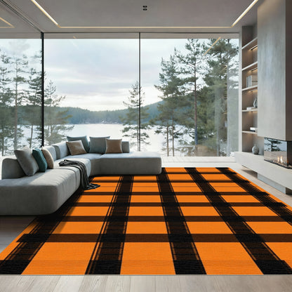 Bold Orange Black Plaid Squares Rug