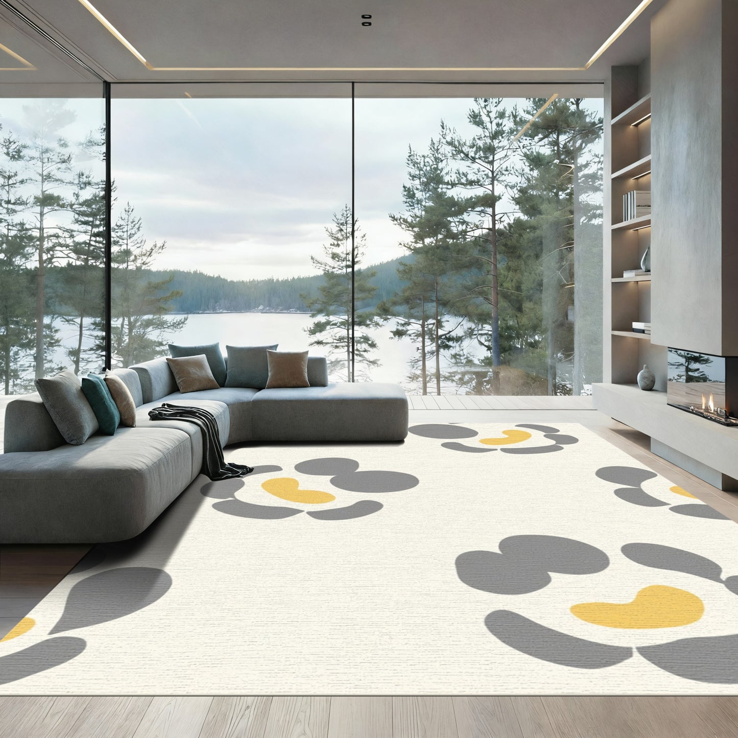 Contemporary Gold Gray Abstract Floral Rug