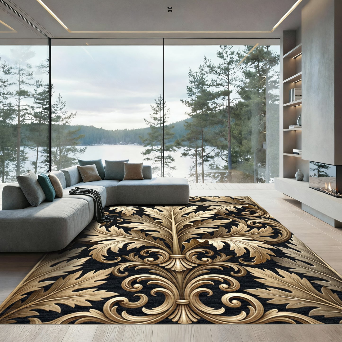 Golden Acanthus Leaf Scrollwork Rug
