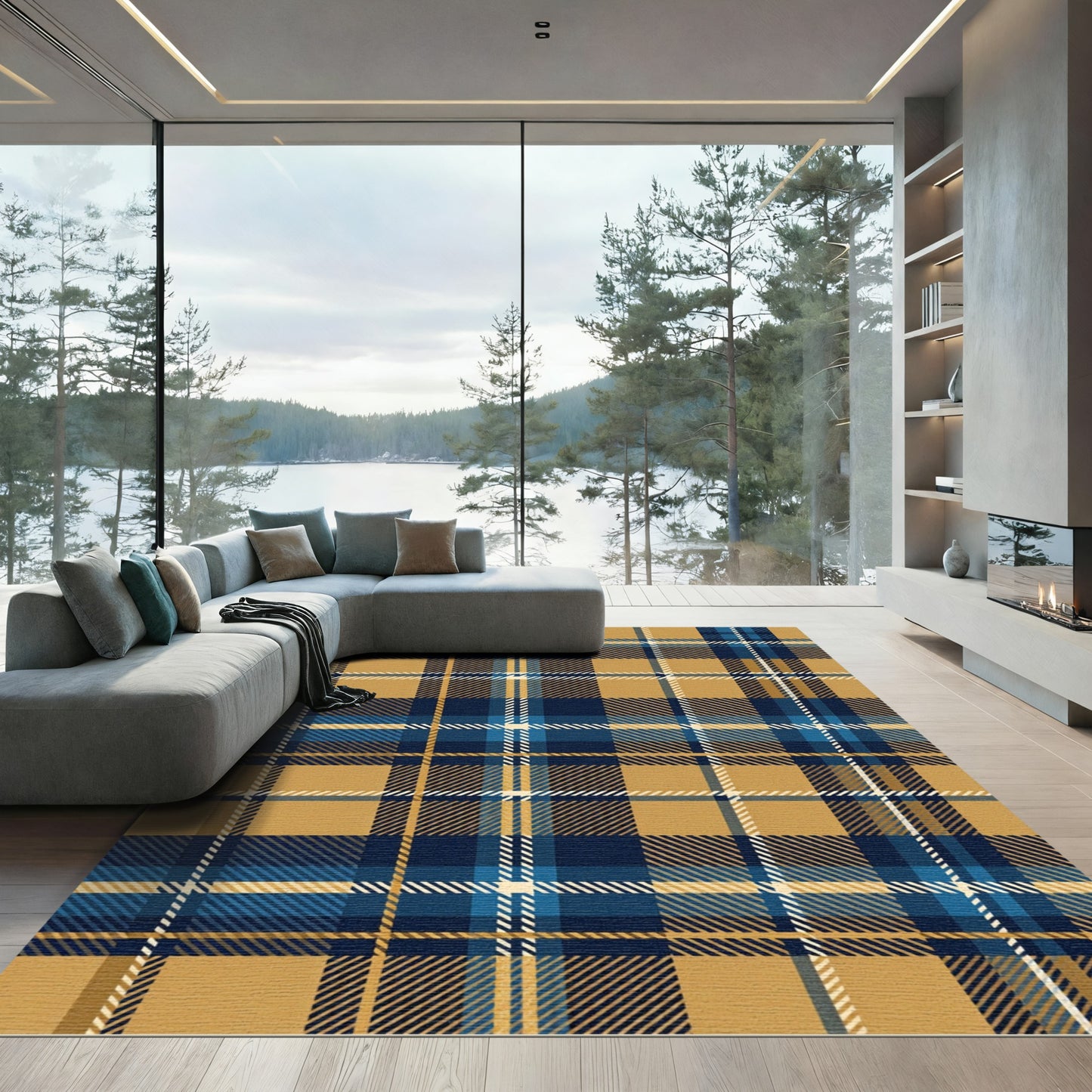 Classic Navy and Gold Tartan Plaid Rug