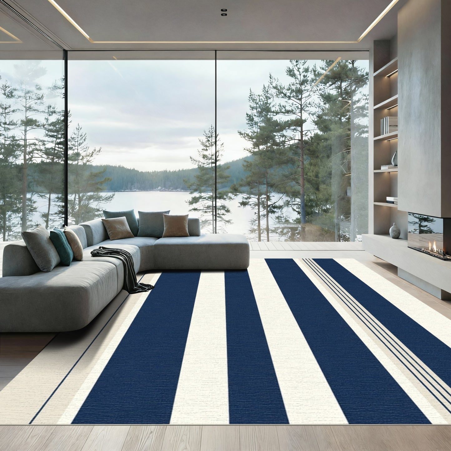 Navy Cream Wide Vertical Stripe Rug