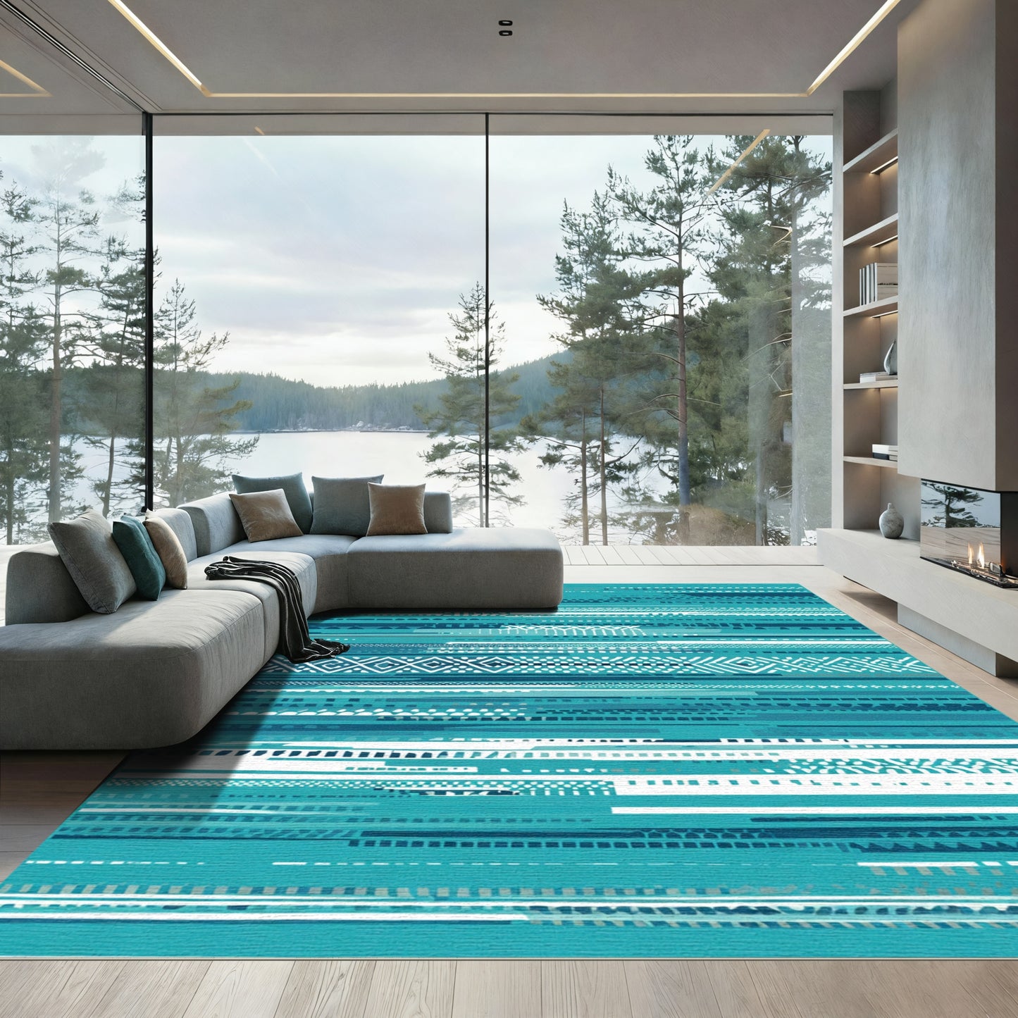 Teal and White Textured Stripe Collection Rug