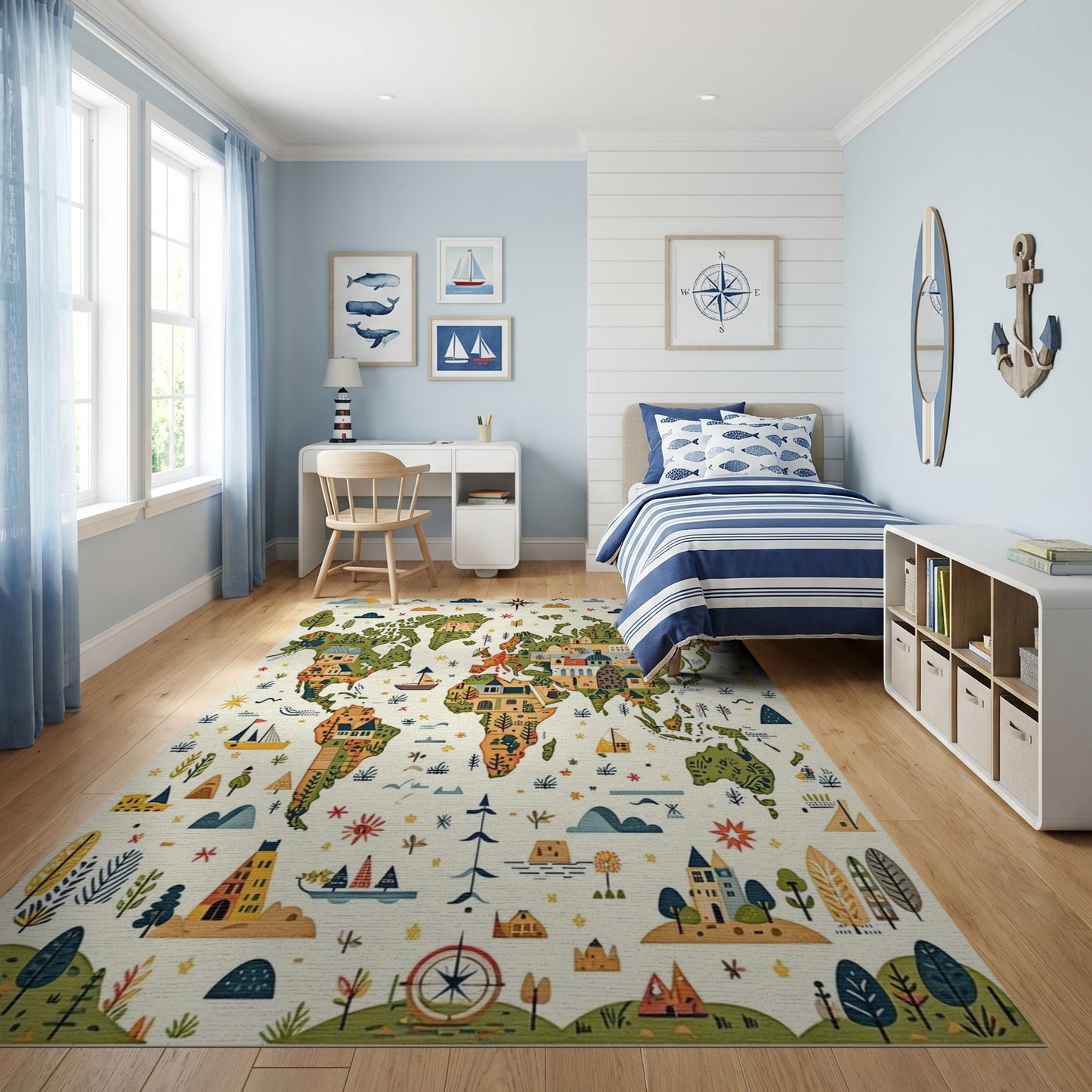 Whimsical Illustrated World Map Rug