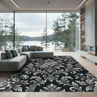 Ornate Black Floral Swirl Accents Rug