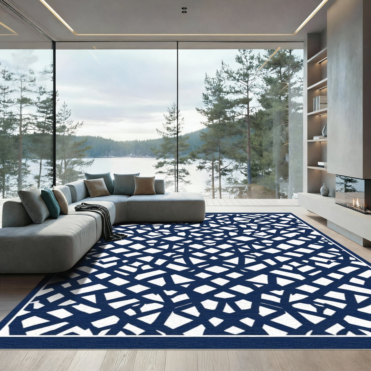 Deep Blue Tangled Geometric Weave Rug