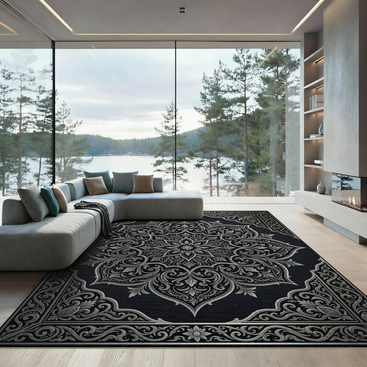 Sophisticated Silver Floral Filigree Medallion Rug