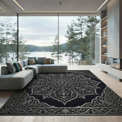 Sophisticated Silver Floral Filigree Medallion Rug
