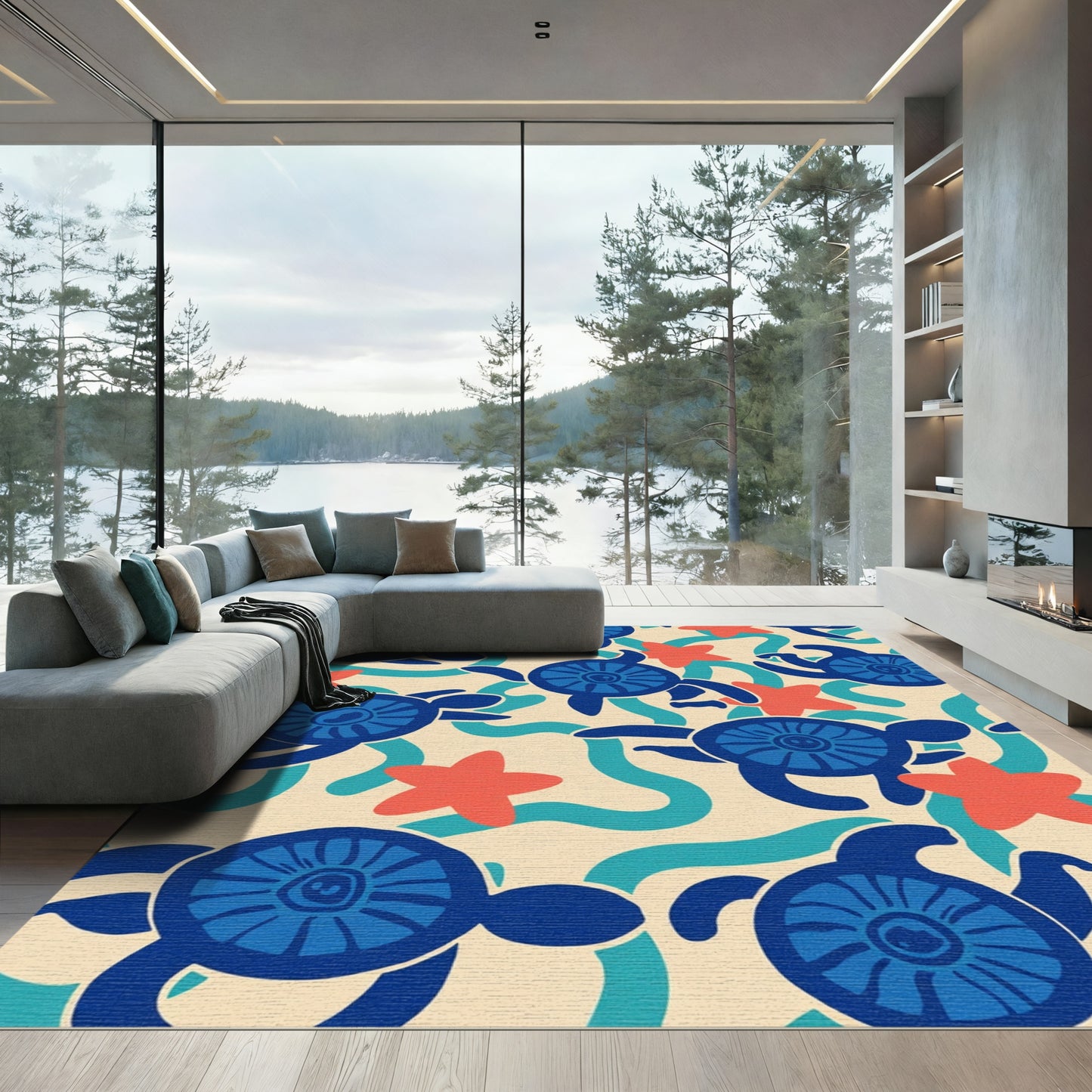 Blue Sea Turtle Coral Starfish Waves Rug
