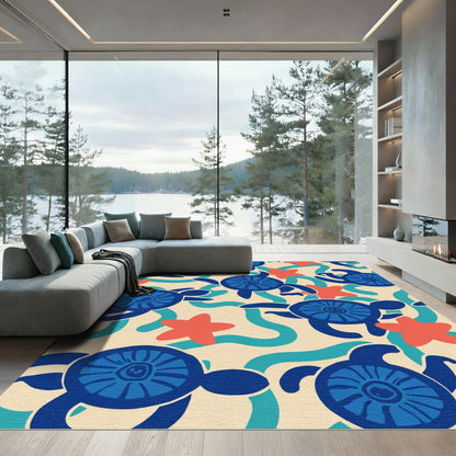 Blue Sea Turtle Coral Starfish Waves Rug