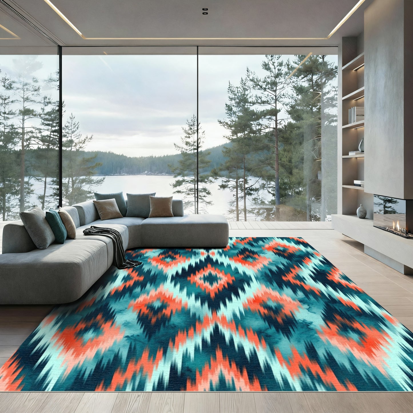 Vibrant Teal and Coral Ikat Diamond Rug