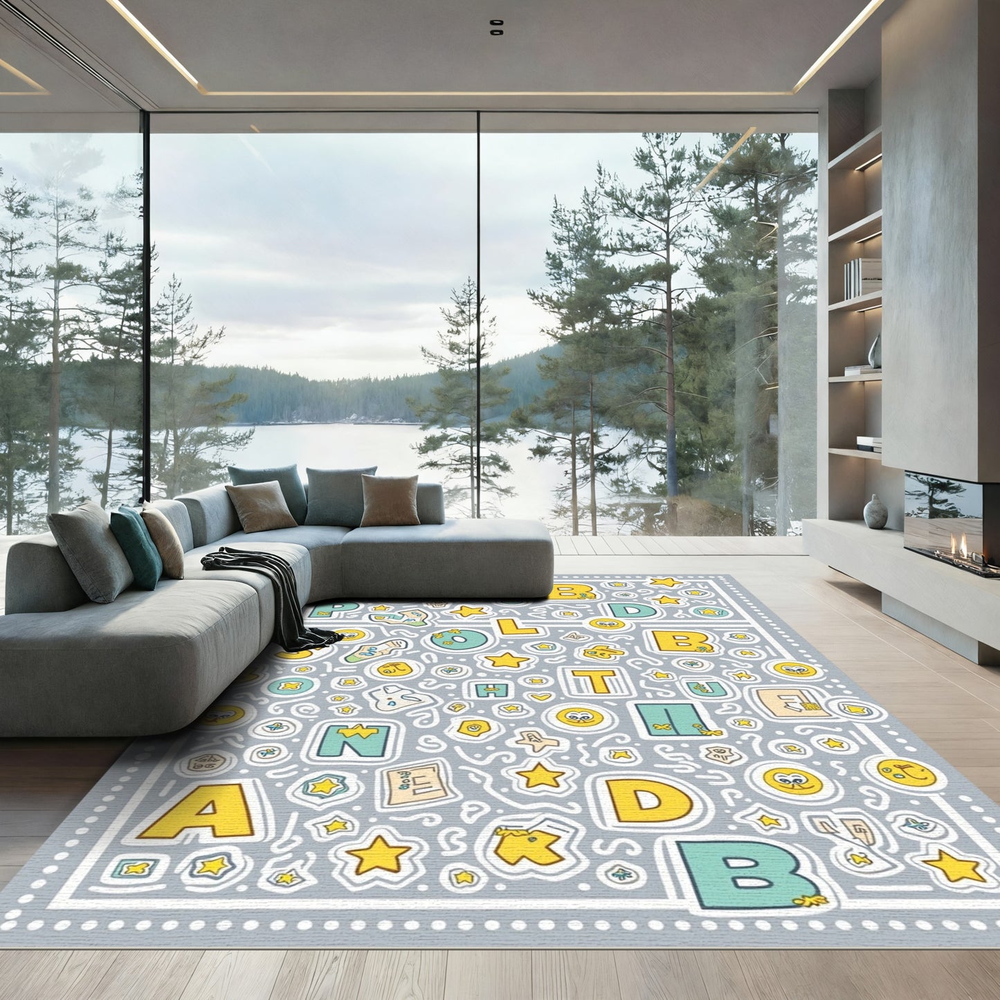 Alphabet and Star Icons Gray Rug