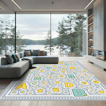 Alphabet and Star Icons Gray Rug