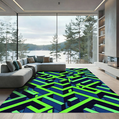 Neon Green Modern Isometric Maze Rug