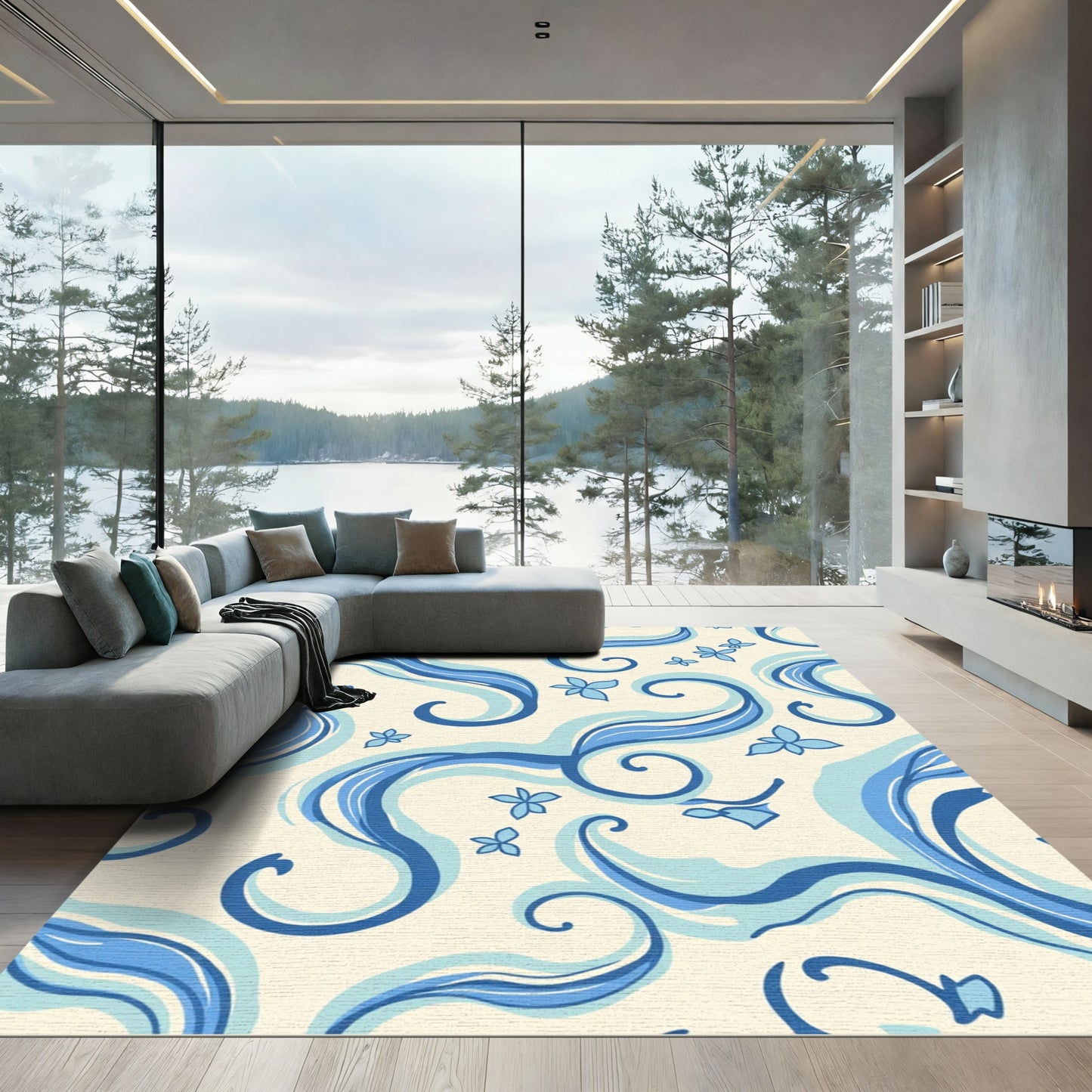 Blue Cream Swirl Floral Abstract Rug